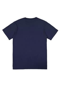 A navy blue men's short sleeve t-shirt with a simple design and a logo on the front.