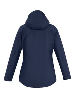A navy blue women's jacket featuring a hood and a sleek, minimal design. It includes a logo on the back.