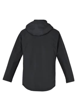 A black men's rain jacket with a hood, featuring a simple design and a branded logo.