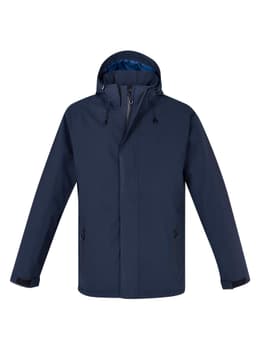 A navy rain jacket with a hood, featuring side pockets and a partial zip. It includes an inner layer in a contrasting colour.