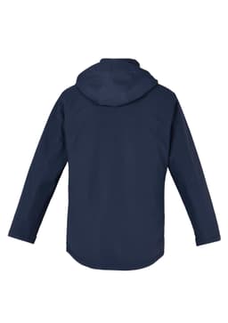 A navy rain jacket with a hood, featuring long sleeves and a plain design on the back. It includes a logo.