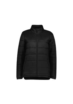 A black puffer jacket featuring a zip front and high collar, suitable for women's outerwear. Includes a logo.