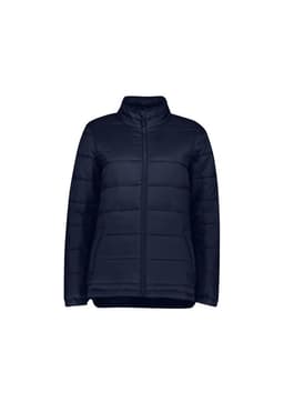 A navy women's puffer jacket with a zip front and high collar, featuring a simple design and no visible patterns.