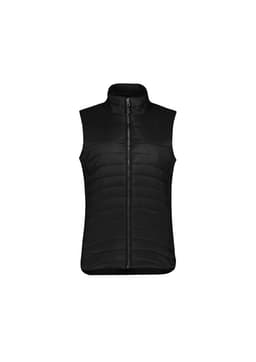A black women's expedition vest with a zip front and padded design. It has a high collar and no sleeves.