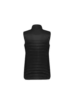A black women's expedition vest with a high collar and quilted design, featuring a logo on the front.