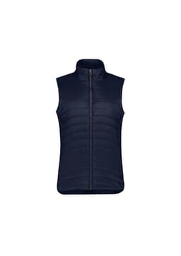 A navy womens expedition vest with a zip front and a high collar, featuring a quilted design and no sleeves.