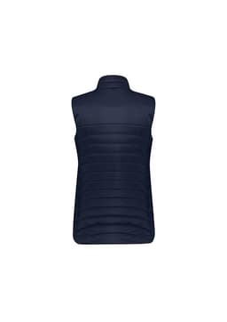 A navy women's expedition vest with a high collar and quilted design, featuring a logo on the back.