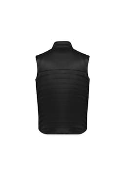 A black men's expedition vest featuring a smooth front and quilted back design. It has a logo on the fabric.