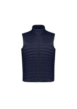 A navy blue men's expedition vest with a high collar and zippered front. It features two side pockets and a branding logo.