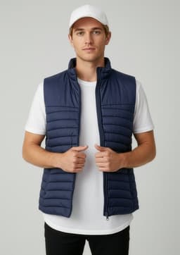 A man is wearing a navy blue vest over a white t-shirt, featuring a logo on the upper left.