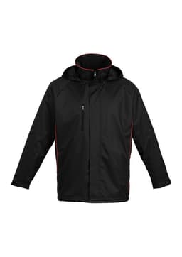 A black unisex jacket with a hood and contrast piping, featuring a front zip and side pockets. It has a logo.