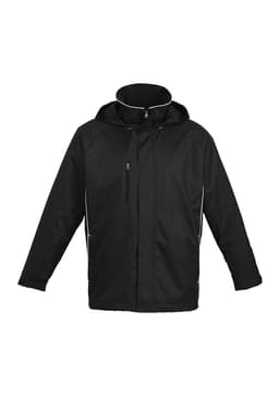 A black unisex jacket with a hood, featuring a zippered front and side detailing, accompanied by a logo.