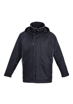 A black unisex jacket featuring a hood and light reflective detailing, with a logo on the front.