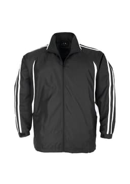 A black track jacket featuring white stripes along the sleeves and a logo on the front.