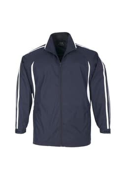 A navy jacket featuring white stripes on the sleeves and a zip-up front. It has a logo on the chest.