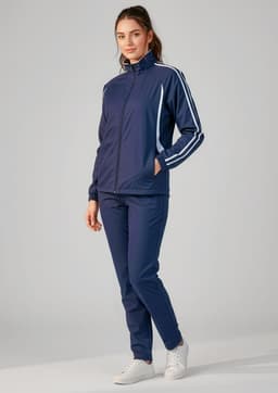 A unisex navy flash jacket with white stripes, paired with matching trousers, featuring a logo.