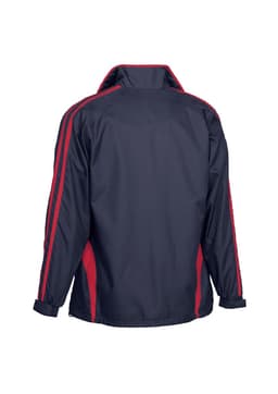 A navy blue jacket with red stripes on the sides and sleeves, featuring a logo on the back.