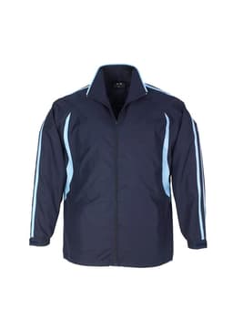 A track jacket in navy blue with light blue stripes, featuring a zip front and a collar. It has a logo on the chest.