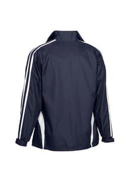 A navy blue track jacket with white stripes on the sides and a logo on the back.