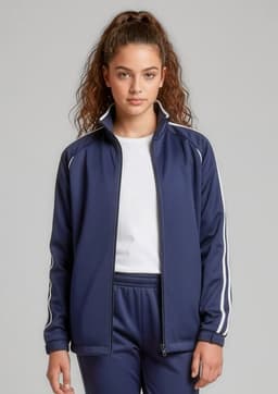 A navy track jacket with white stripes, featuring a zip front and a high collar, worn by a model.
