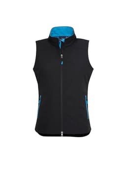 A black women's vest featuring blue accents, a high collar, and zippered pockets, with a logo.