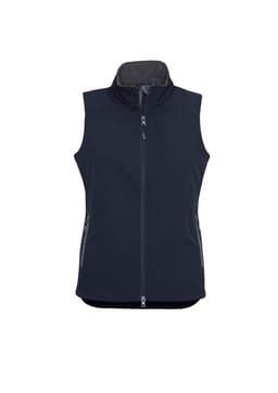 A navy women's vest with a zip front, featuring a high collar and side pockets. It has a logo on it.