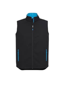 A black vest with a blue inner lining, featuring a full zipper and two zippered pockets, with a logo.