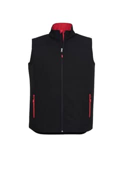 A black vest with a red inner collar and zippered pockets, featuring a zipper front and no sleeves.