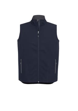 A men's vest in navy featuring a zip front, high collar, and zippered side pockets. It has a branding logo.