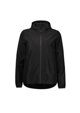 A black women's rain jacket featuring a hood, front zip, and side pockets. It has a minimalist design with a logo.