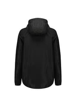 A black women's jacket with a hood and long sleeves, featuring a plain design and a logo on the back.