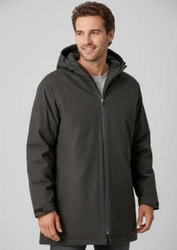 A man wearing a dark grey unisex rain jacket with a hood and a front zipper. The jacket has a logo.