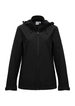 A black women's jacket with a hood, featuring a full zipper and side pockets, plus a branding logo.