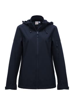 A women's jacket in black, featuring a hood and zippered pockets, with a logo present.