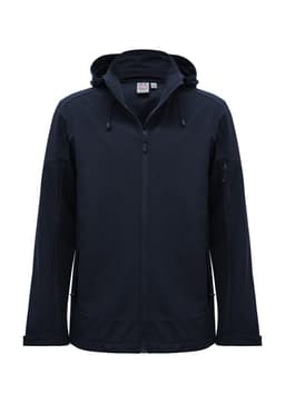 A navy blue men's rain jacket with a hood, featuring a zipper and side pockets, includes branding.