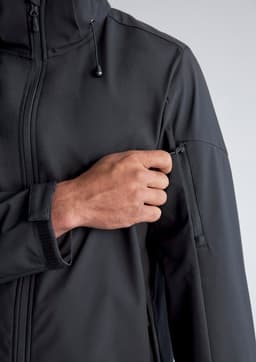 A black rain jacket with a zippered pocket on the sleeve, highlighting a hand reaching for the pocket.