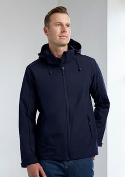 A navy blue rain jacket designed for men, featuring a hood and a zippered front, with pockets and branding.