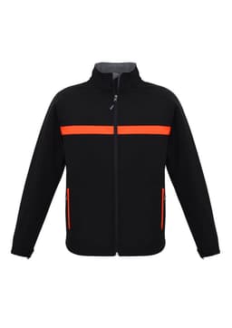 A black soft shell jacket with orange stripes, featuring a full zipper and side pockets. Brand logo present.