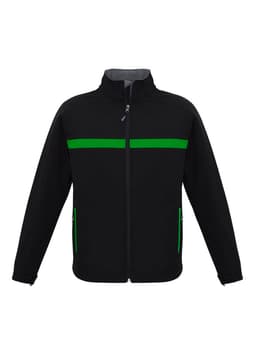 A black unisex soft shell jacket featuring green stripes and zippered pockets, with a collar and long sleeves.