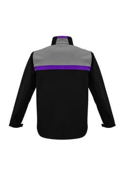 A soft shell jacket featuring a black body with grey and purple detailing, complete with a logo on the back.