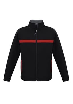 A black unisex soft shell jacket with red stripes and zippered pockets. Features a stand-up collar and has a logo.