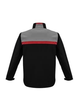 A unisex soft shell jacket featuring grey and red accents on a black background, with a collar and long sleeves.