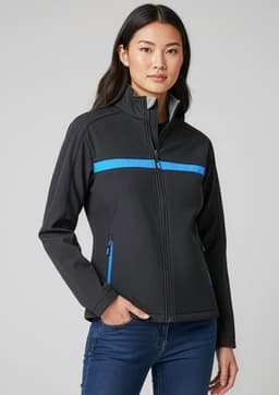 A unisex soft shell jacket in black with blue accents, featuring a zip-up front and side pockets.