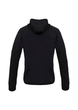 A black women's stealth puffer jacket with a hood, featuring a branded logo.