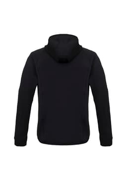 A black puffer jacket featuring a hood and a sleek, streamlined design, showcasing the back view.