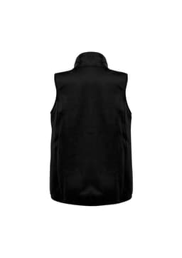 A black men's vest with a high collar and no sleeves, featuring a back view. It has a logo on the design.