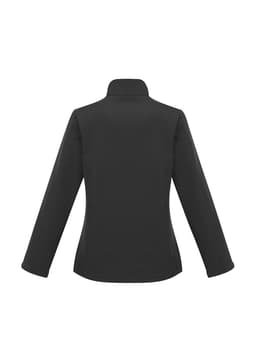 A black women's soft shell jacket featuring a high collar and long sleeves. It has a logo on the back.