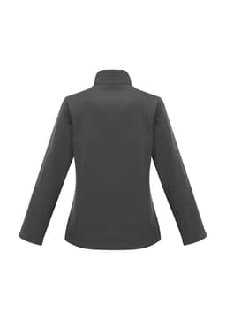 A soft shell jacket in dark grey, featuring a simple design and a collar. Includes a logo on the back.