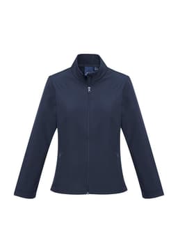 A dark navy soft shell jacket with a high collar and zipped front, featuring side pockets and a logo.