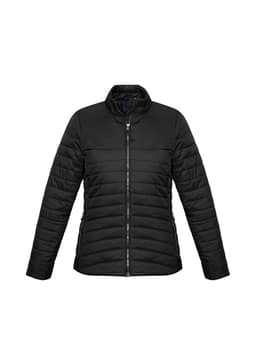 A black women's puffer jacket with a zip front and ribbed collar, featuring side pockets and a logo.
